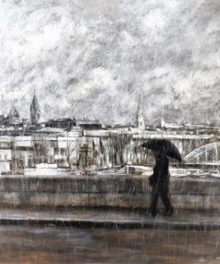 Manuel Terán - "Paris, Paseo por el Sena bajo la lluvia" pintura original acrílico y grafito sobre tabla