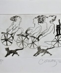 Alberto Cavazos - "Las tres gracias en bicicleta fondo blanco" grabado aguafuerte