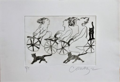 Alberto Cavazos - "Las tres gracias en bicicleta fondo blanco" grabado aguafuerte