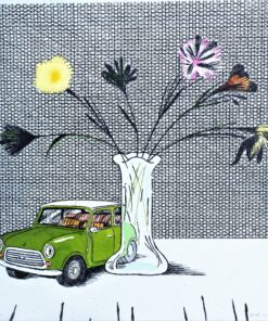 Fernando Bellver - "Austin Mini-David Hockney" grabado aguafuerte iluminado a mano, prueba de color, verde