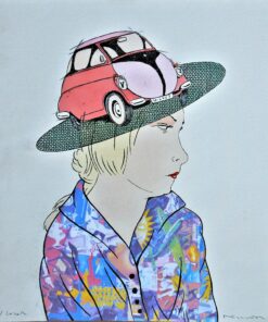 Fernando Bellver - "BMW Isetta-George Grosz, rojo" serie coches-figuras, grabado aguafuerte iluminado a mano y collage