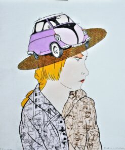 Fernando Bellver - "BMW Isetta-George Grosz, violeta" serie coches-figuras, grabado aguafuerte iluminado a mano y collage