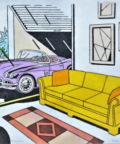 Fernando Bellver - "Chevrolet Corvette-Lichtenstein, fucsia" grabado aguafuerte iluminado a mano