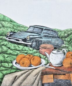 Fernando Bellver - "Citroen DS Tiburón-Paul Cezanne, verde" serie coches bodegón, grabado aguafuerte iluminado a mano