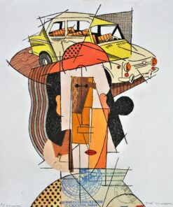 Fernando Bellver - "Seat 850-Pablo Picasso, amarillo" grabado aguafuerte iluminado a mano y collage