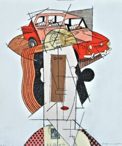 Fernando Bellver - "Seat 850-Pablo Picasso, rojo" grabado aguafuerte iluminado a mano y collage