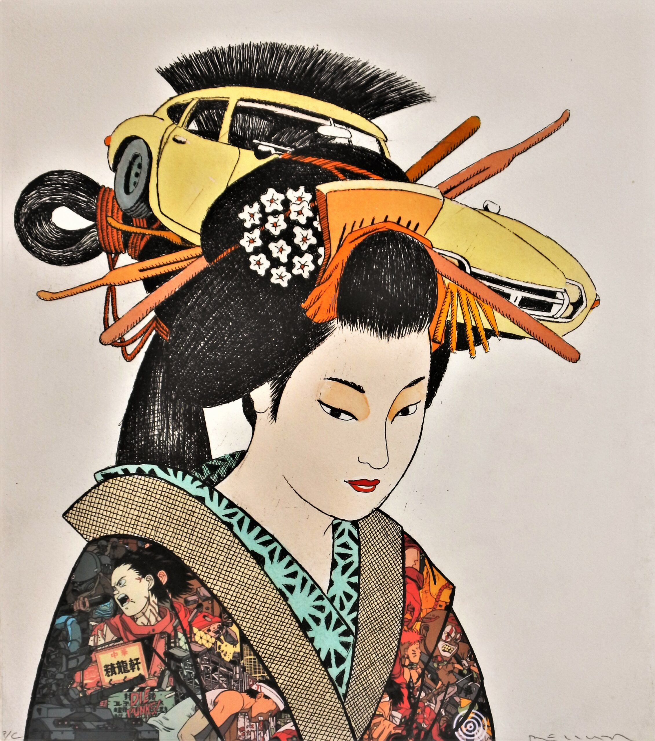 Fernando Bellver - "Toyota Supra-Kitagawa Utamaro, amarillo" grabado aguafuerte iluminado a mano y collage