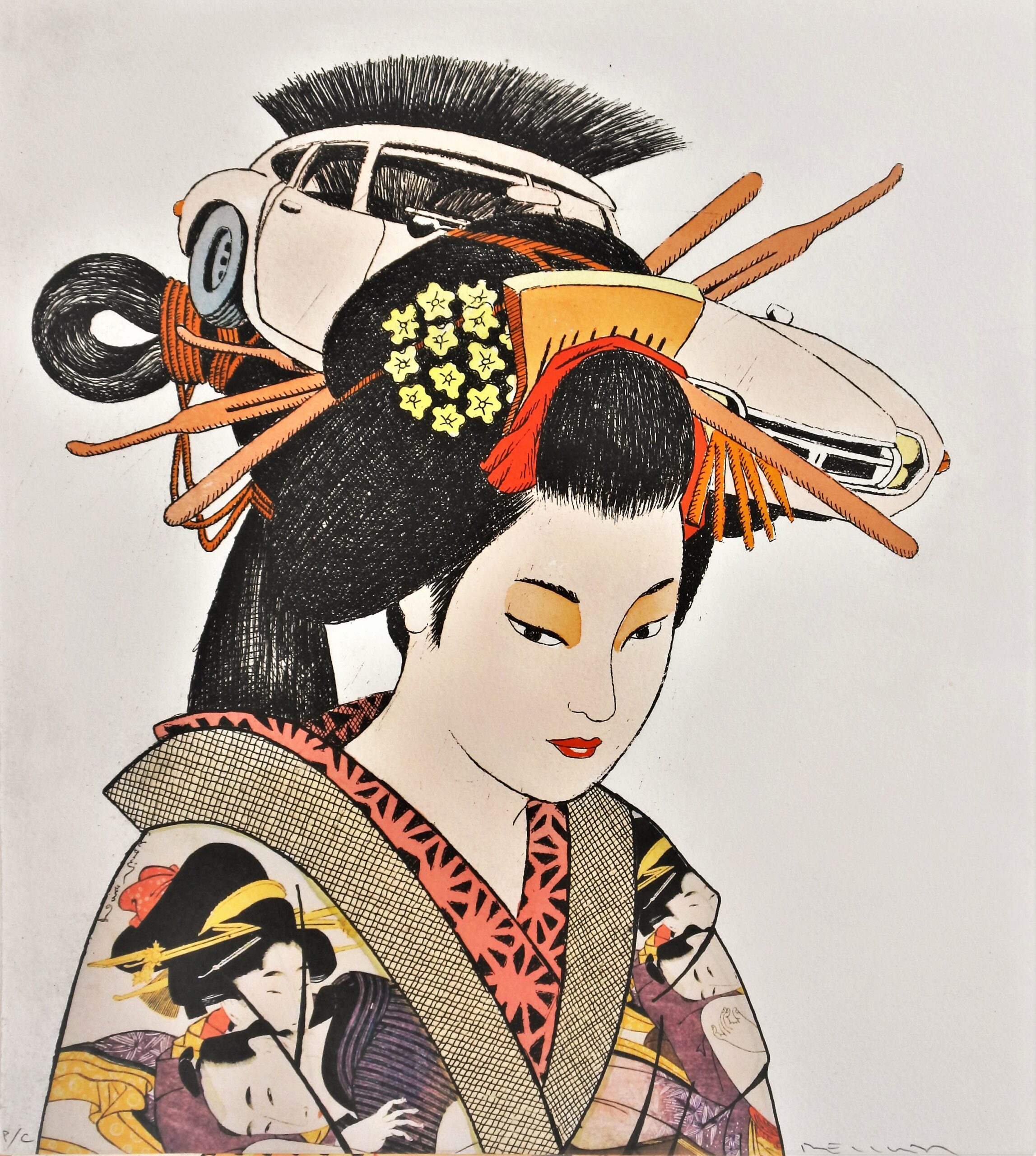 Fernando Bellver - "Toyota Supra-Kitagawa Utamaro, blanco" grabado aguafuerte iluminado a mano y collage