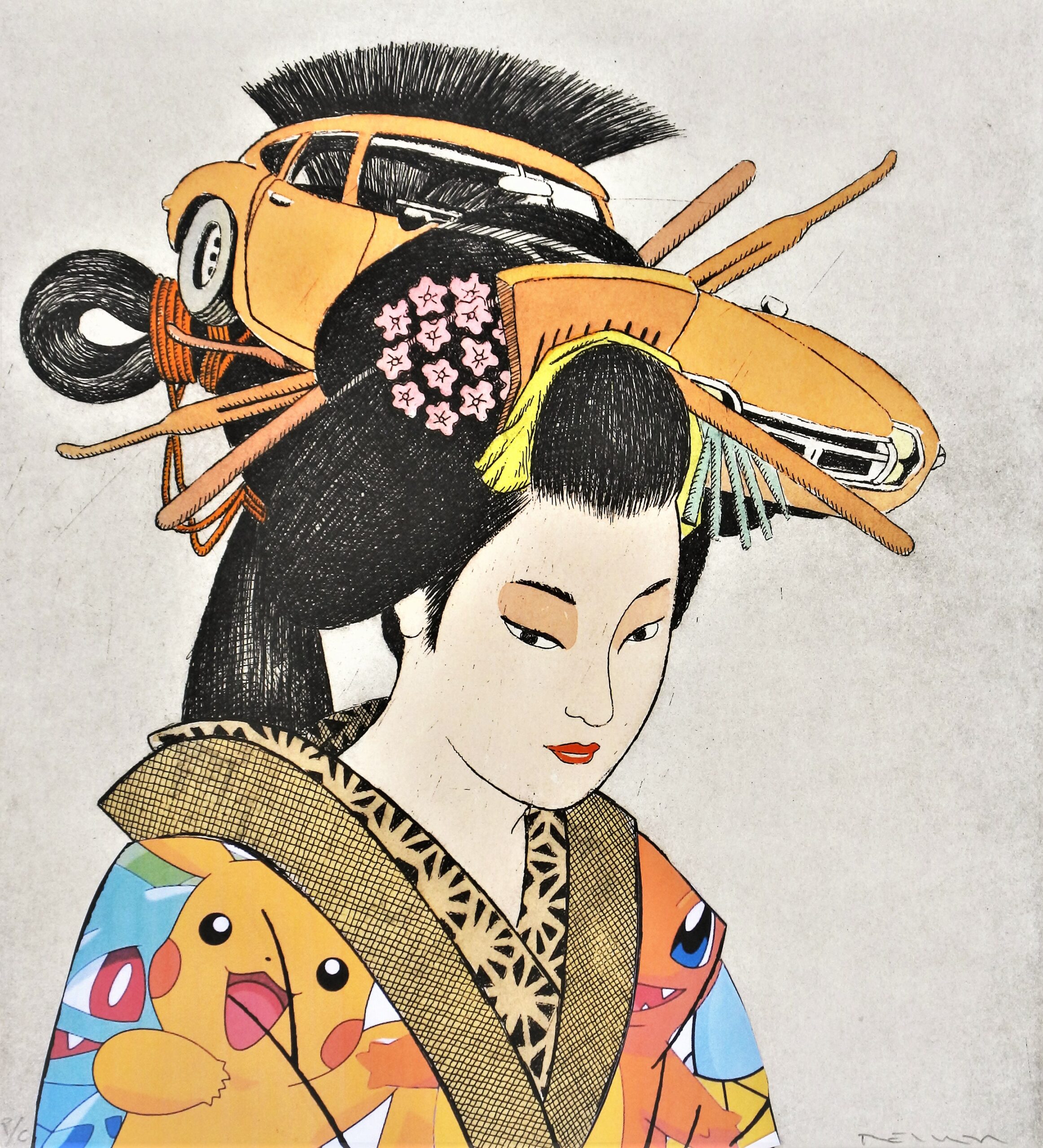 Fernando Bellver - "Toyota Supra-Kitagawa Utamaro, naranja" grabado aguafuerte iluminado a mano y collage