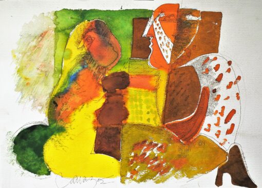 Alberto Cavazos - "Idilio" pintura original acrílico y tinta sobre cartulina, enmarcado