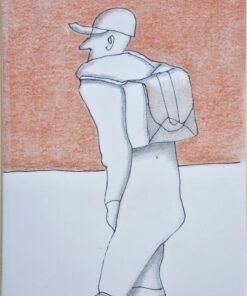 Manuel Alcorlo - "Mochilero" dibujo original lápiz y acuarela sobre cartulina, enmarcado