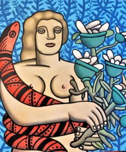Fernando Bellver - "Eva y la serpiente" pintura original oleo sobre tablero dm, enmarcado