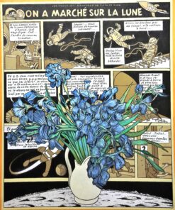 Fernando Bellver - "Tintín, On a marché sur la lune" pintura original sobre tablero dm, enmarcado