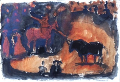Javier Montesol - "Plaza sombría" dibujo original acrílico sobre cartulina