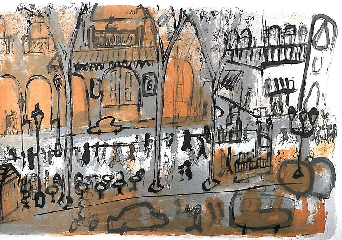 Javier Montesol - "Ramblas, Liceo de Barcelona, litografía