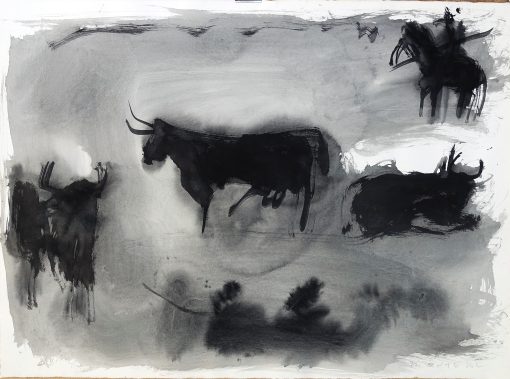 Javier Montesol - "Toros en la dehesa" dibujo original acrílico sobre papel