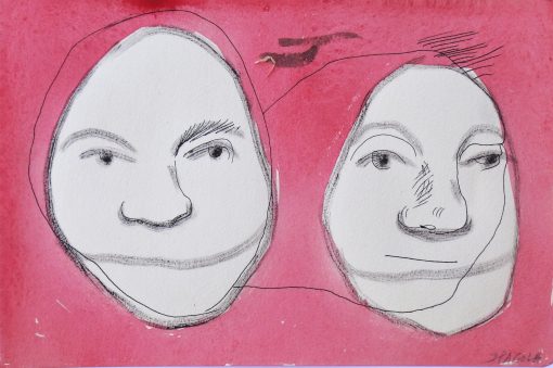Javier Pagola - "Dos amigos fondo rosa" dibujo original técnica mixta papel, enmarcado