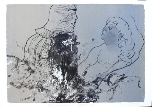 Jorge Castillo - "Pareja amorosa" dibujo original sobre estampación litográfica, firmado a lápiz por el autor