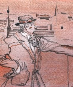 Manuel Alcorlo - "En la azotea" dibujo original tinta y ceras color sobre cartulina, enmarcado