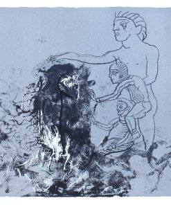 Jorge Castillo - "Contemplando el totem" dibujo original sobre estampación litográfica