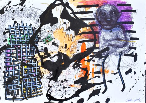 Javier Pagola, Perdido en las redes, pintura acrílico sobre cartulina, enmarcado