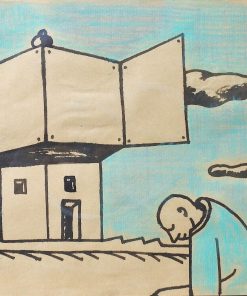 Javier Pagola - "Construcción y hombre cabizbajo" dibujo original técnica mixta sobre papel, enmarcado