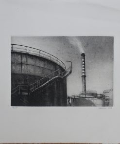 Gerardo Pita - "Paisaje industrial, tanque y chimenea" grabado aguafuerte