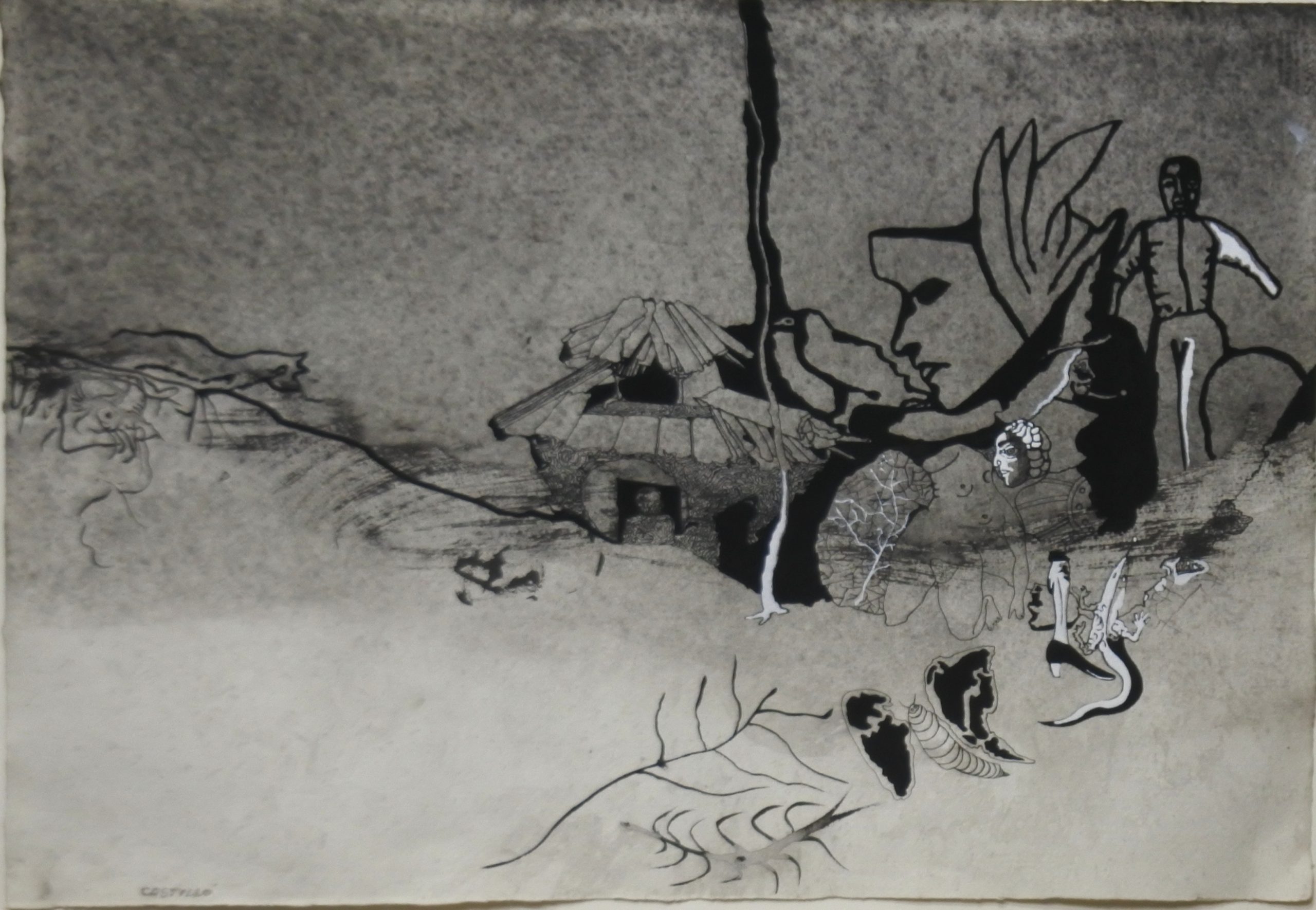 Jorge Castillo - "Paisaje poblado - "New York 1990, dibujo tinta papel, enmarcado