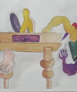 Jorge Castillo  "La mesa de los recuerdos" dibujo tinta y acuarela sobre cartulina, enmarcado