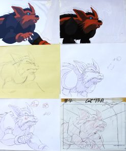 Celuloides de animación - "Fox, serie Gárgolas" incluye 2 celuloides (pintura sobre acetato) originales y 4 dibujos con anotaciones
